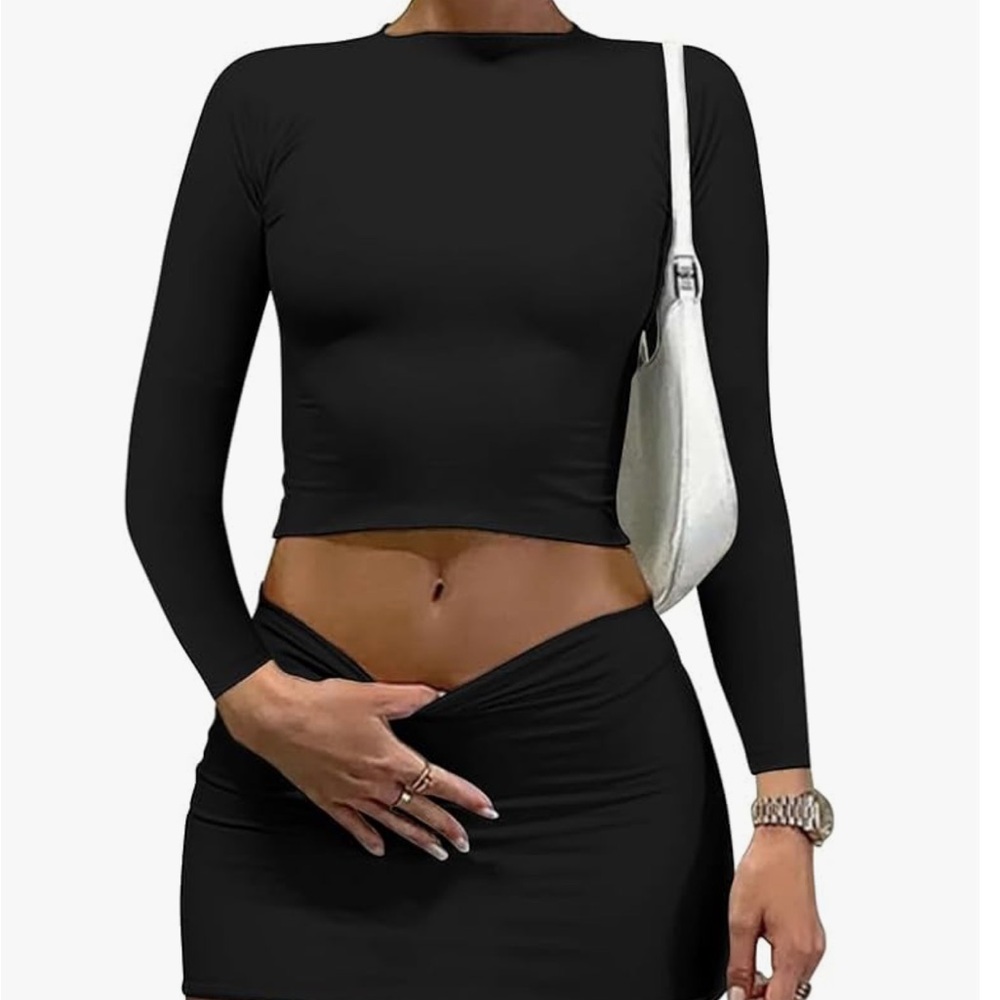 Elegant Black Long Sleeve Crop Top and skirt